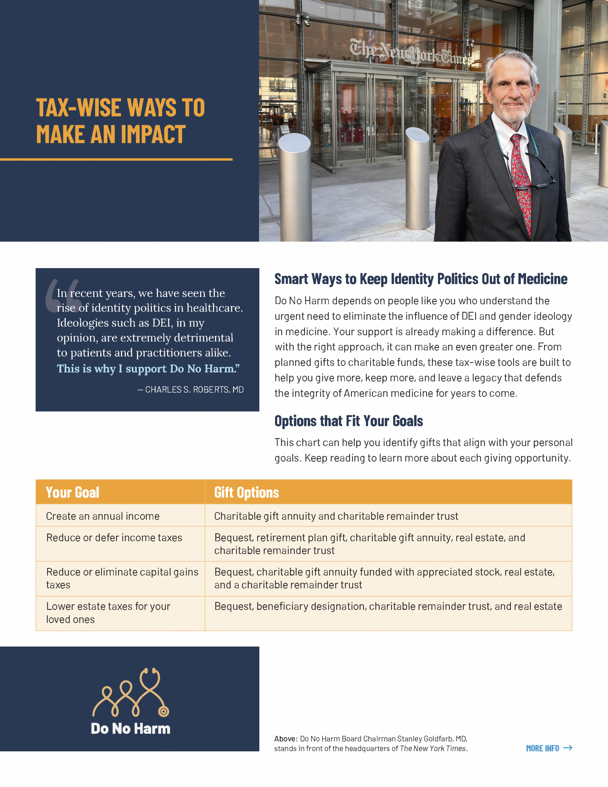 DoNoHarm_OnePg_Tax-Wise Ways-2026-v4 Support The Future of My Favorite Charity brochure cover